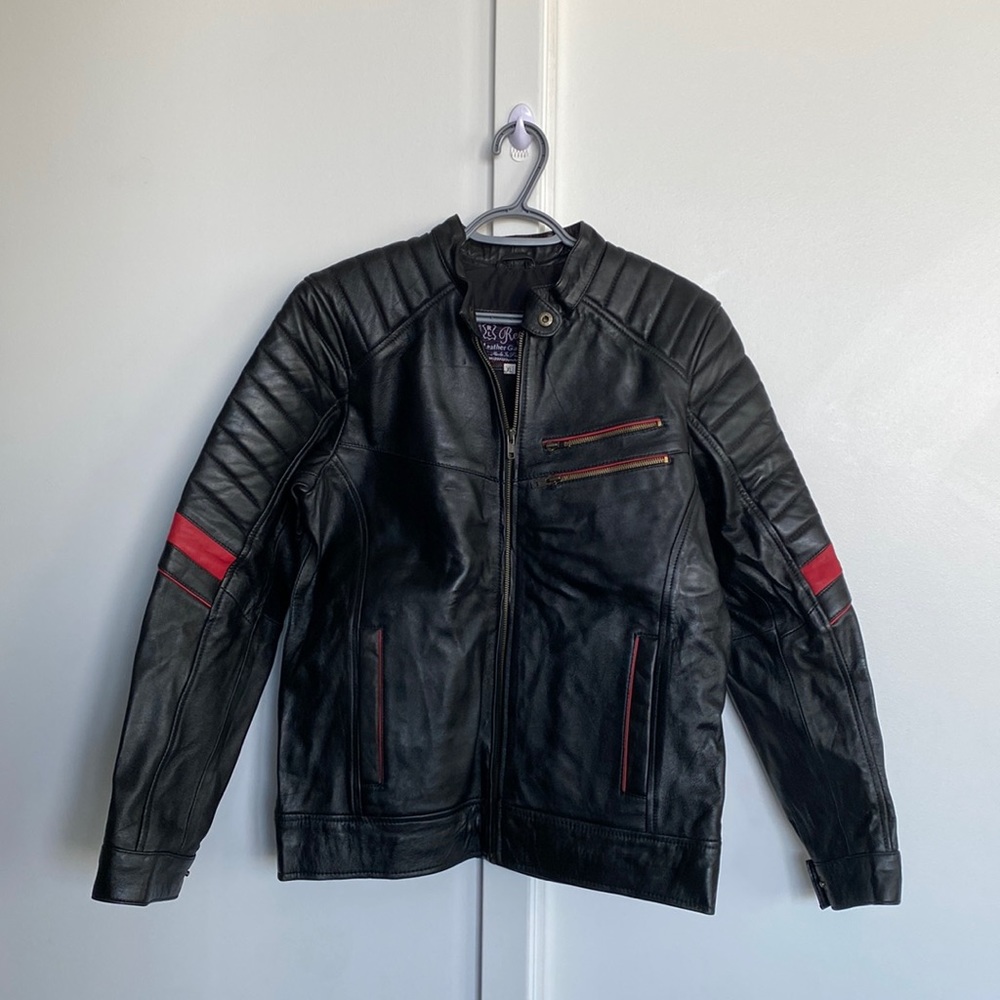 Men's Black Leather Jacket with Red Accents